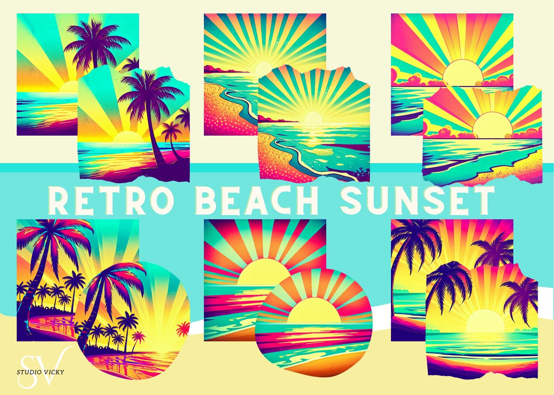 Retro Beach Sunset Clipart Bundle (png, svg, pdf, jpg)