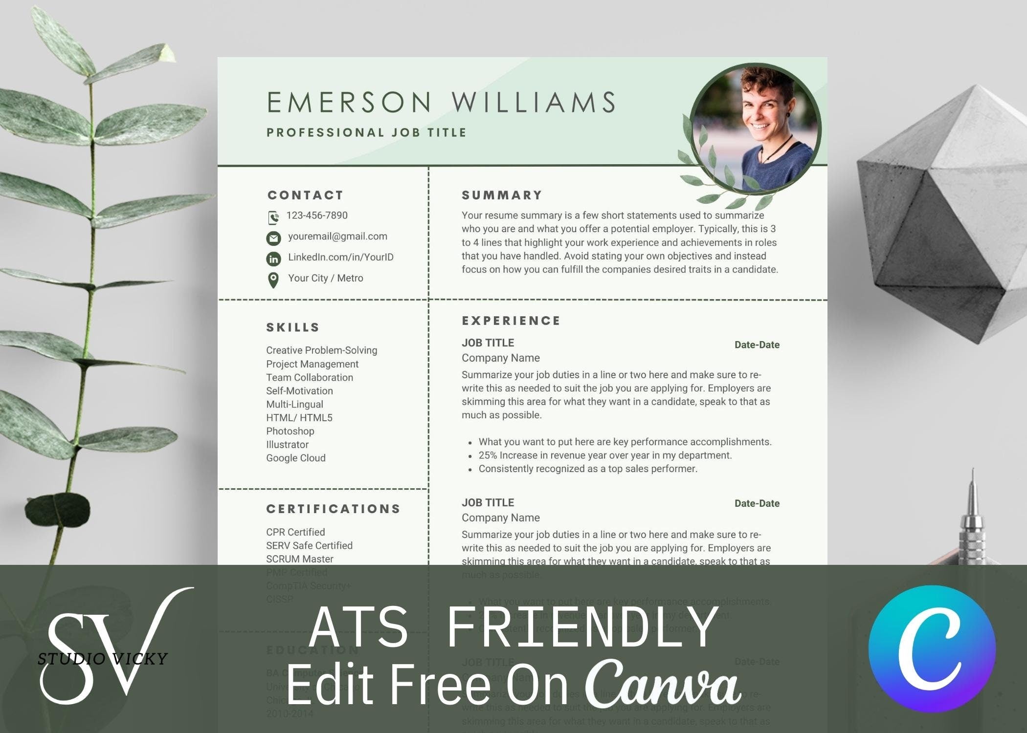 Green Resume Template with Photo: ATS Friendly CV (Canva)
