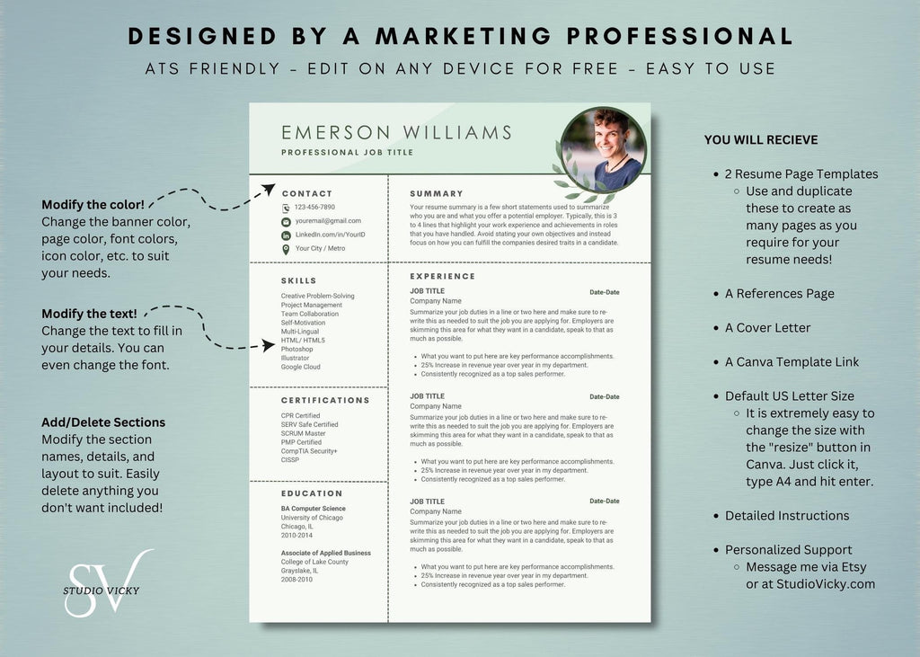Green Resume Template with Photo: ATS Friendly CV (Canva)