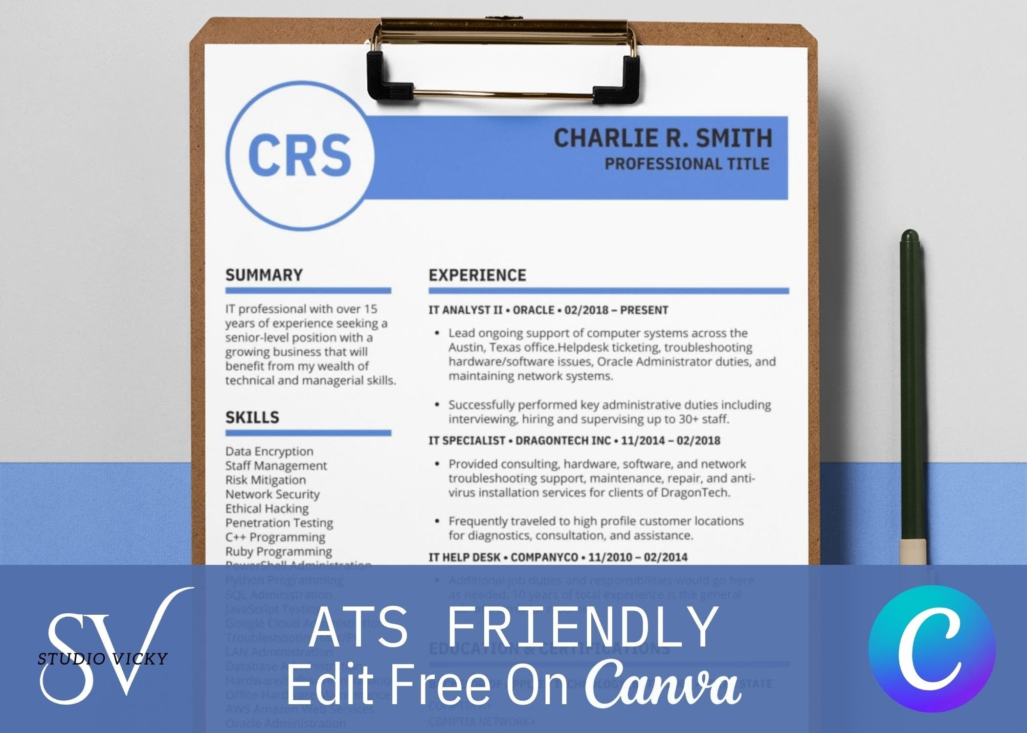 Blue IT Resume Template: ATS Friendly, Cover Letter (Canva)