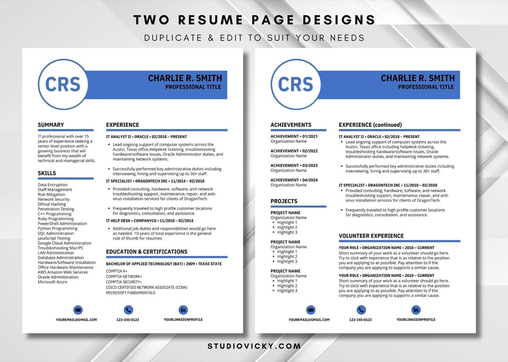 Blue IT Resume Template: ATS Friendly, Cover Letter (Canva)