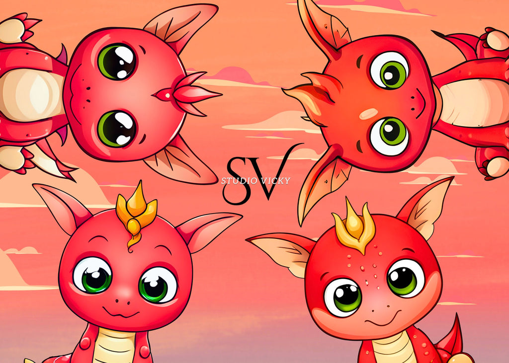 Kawaii Red Baby Dragon Clipart Bundle (png, svg, pdf, jpg)