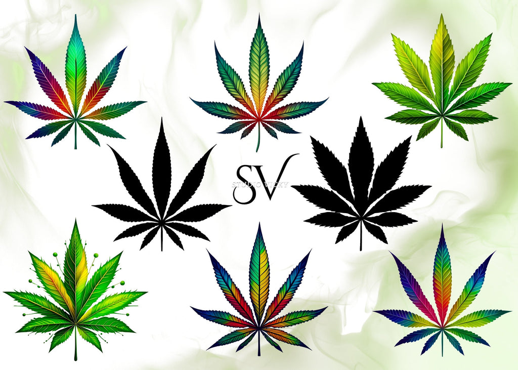 Marijuana Leaf Clipart, Colorful Weed (png, jpg, pdf) Bundle