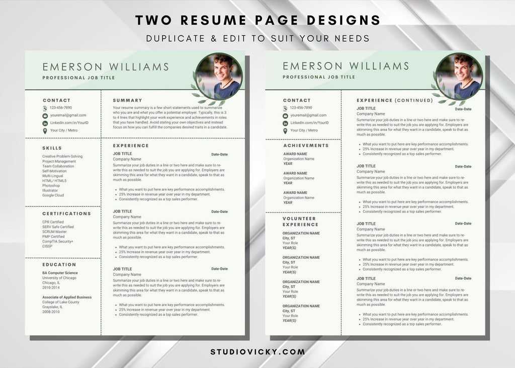 Green Resume Template with Photo: ATS Friendly CV (Canva)