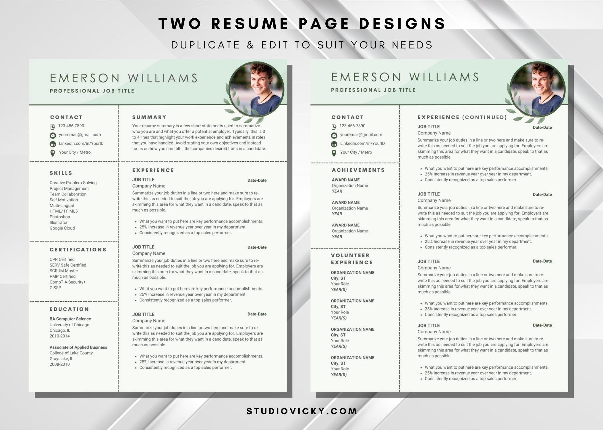 Green Resume Template with Photo: ATS Friendly CV (Canva)