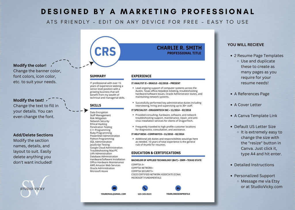 Blue IT Resume Template: ATS Friendly, Cover Letter (Canva)