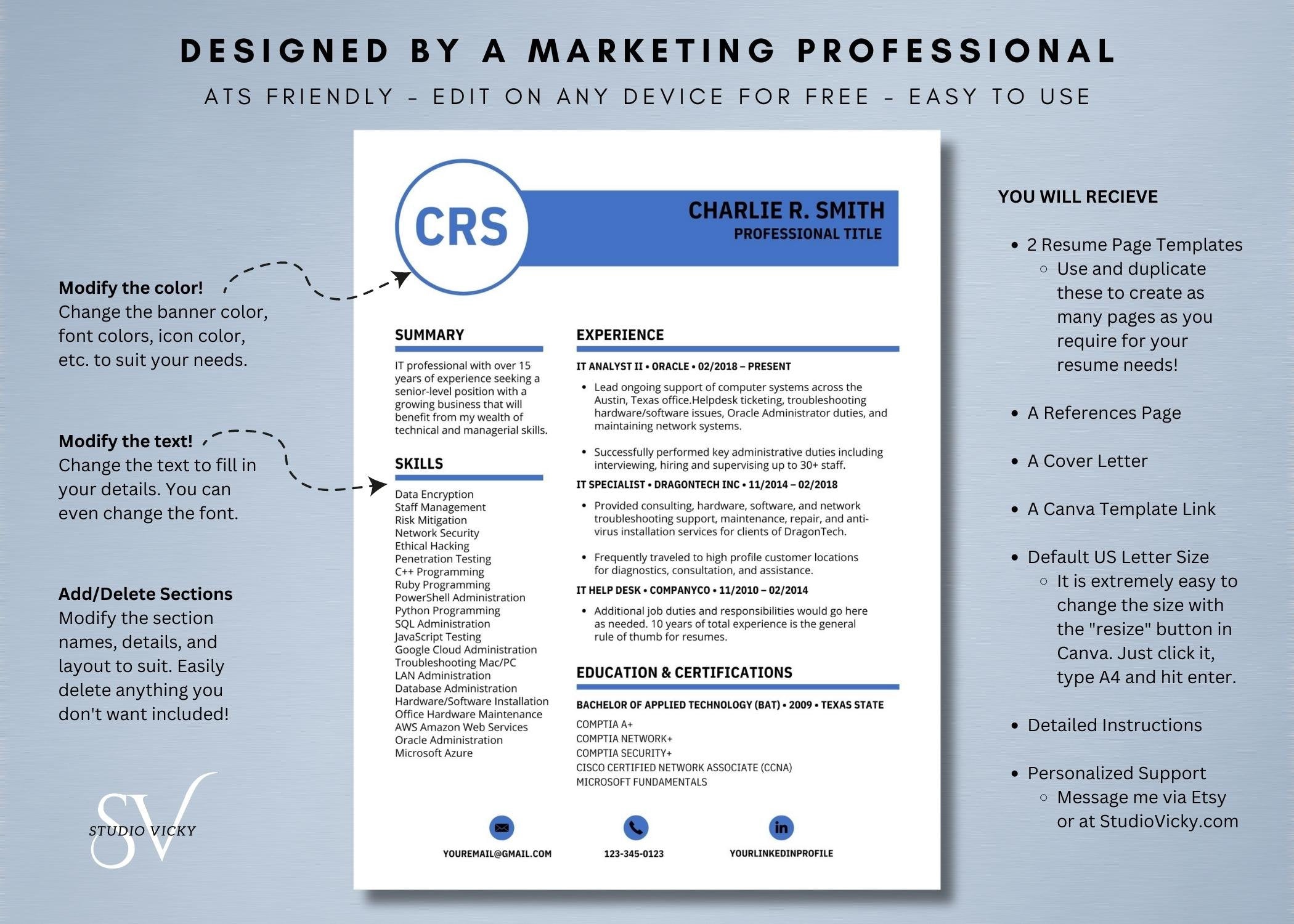 Blue IT Resume Template: ATS Friendly, Cover Letter (Canva)