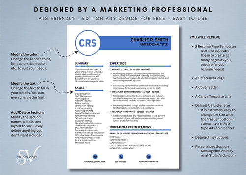 Blue IT Resume Template: ATS Friendly, Cover Letter (Canva)
