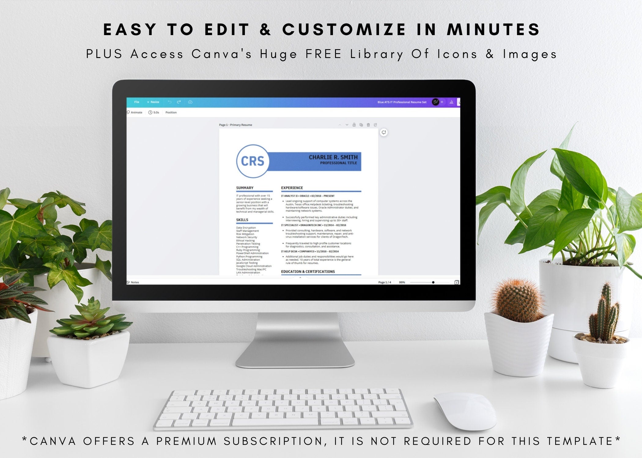 Blue IT Resume Template: ATS Friendly, Cover Letter (Canva)