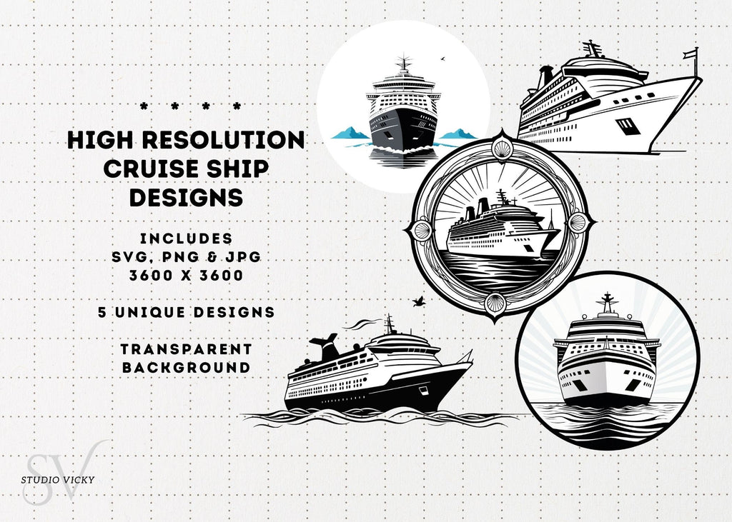 Cruise Ship Clipart Designs: (Five Designs) Perfect For a First Family Cruise PNG, SVG, JPG Files