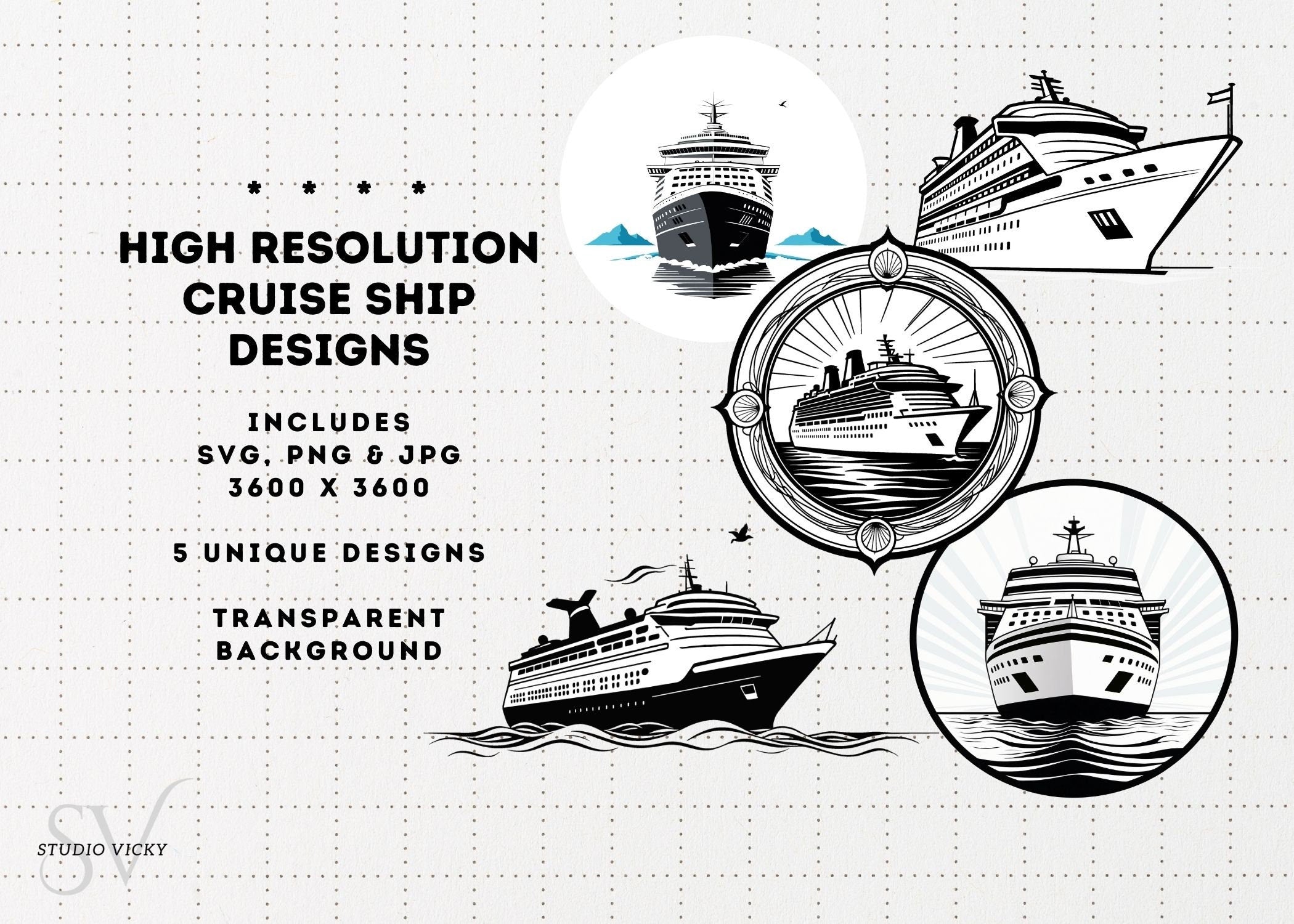 Cruise Ship Clipart Designs: (Five Designs) Perfect For a First Family Cruise PNG, SVG, JPG Files