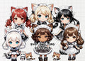 Chibi Anime Cat Girl Clipart Bundle, Maid Outfit Textures (SVG, PNG, JPG)