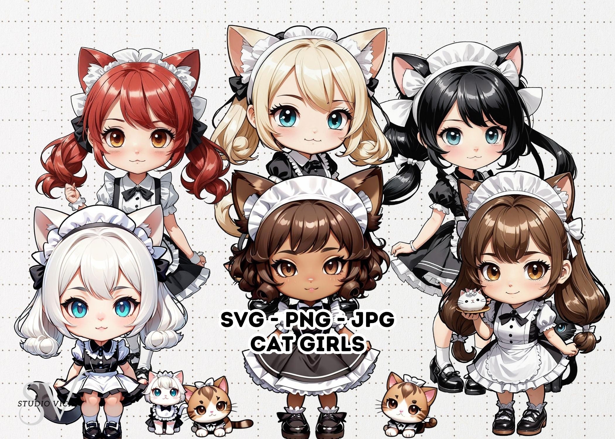 Chibi Anime Cat Girl Clipart Bundle, Maid Outfit Textures (SVG, PNG, JPG)