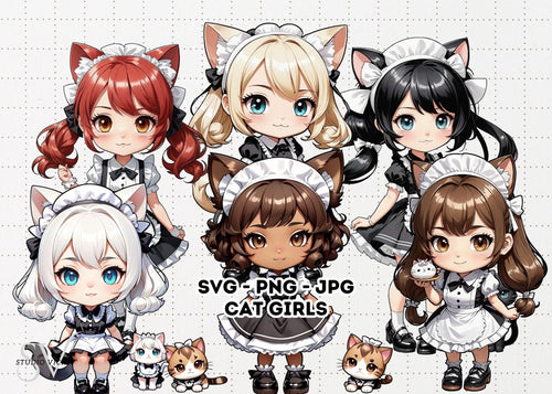 Chibi Anime Cat Girl Clipart Bundle, Maid Outfit Textures (SVG, PNG, JPG)