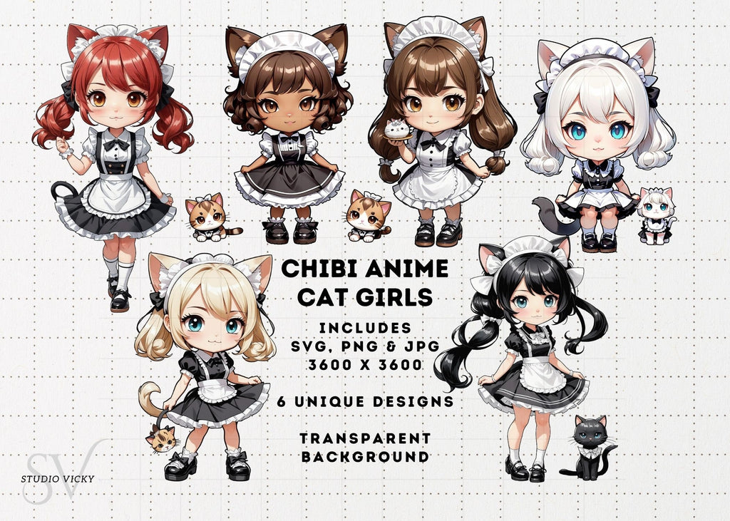 Chibi Anime Cat Girl Clipart Bundle, Maid Outfit Textures (SVG, PNG, JPG)