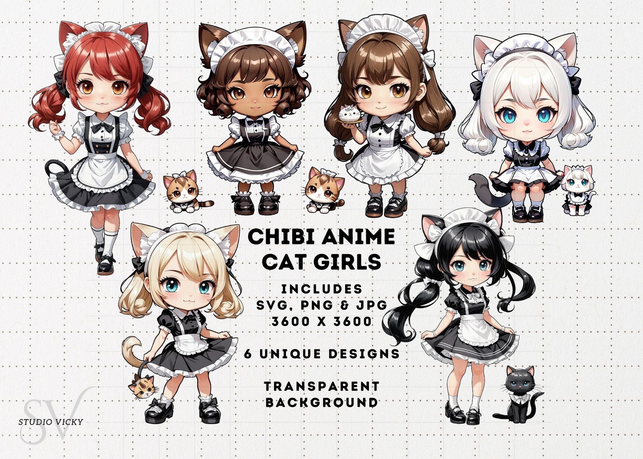 Chibi Anime Cat Girl Clipart Bundle, Maid Outfit Textures (SVG, PNG, JPG)