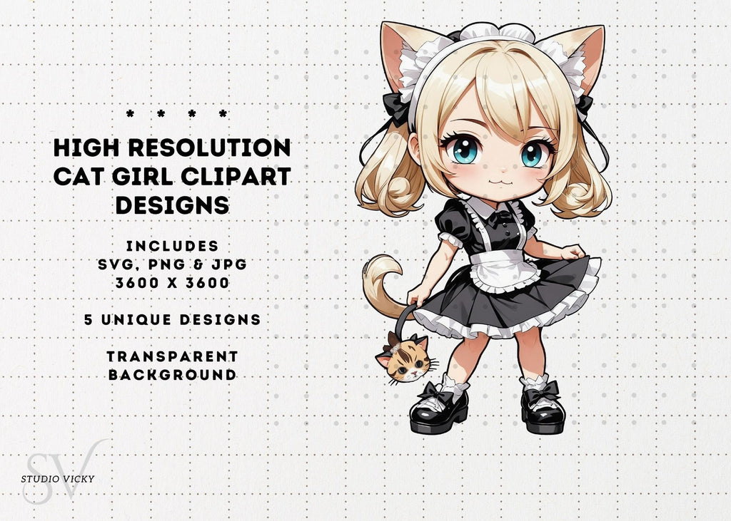 Chibi Anime Cat Girl Clipart Bundle, Maid Outfit Textures (SVG, PNG, JPG)