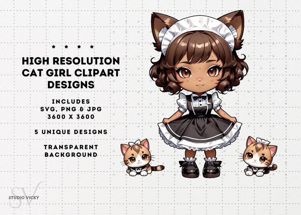 Chibi Anime Cat Girl Clipart Bundle, Maid Outfit Textures (SVG, PNG, JPG)