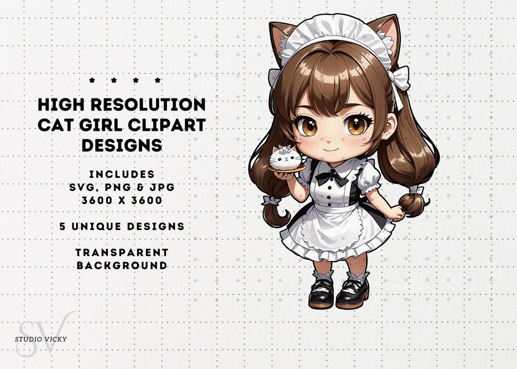 Chibi Anime Cat Girl Clipart Bundle, Maid Outfit Textures (SVG, PNG, JPG)