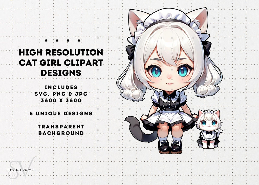 Chibi Anime Cat Girl Clipart Bundle, Maid Outfit Textures (SVG, PNG, JPG)