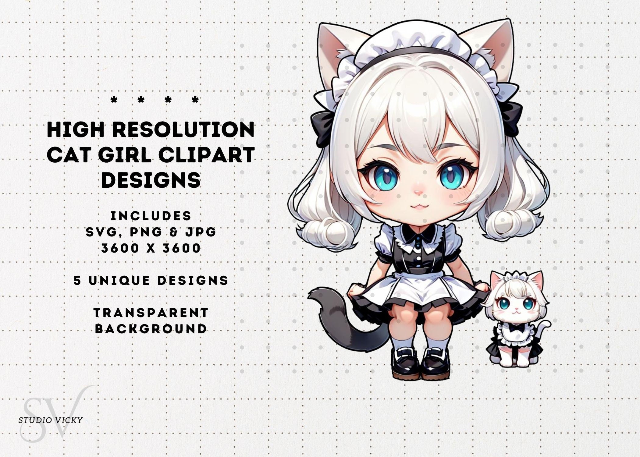 Chibi Anime Cat Girl Clipart Bundle, Maid Outfit Textures (SVG, PNG, JPG)