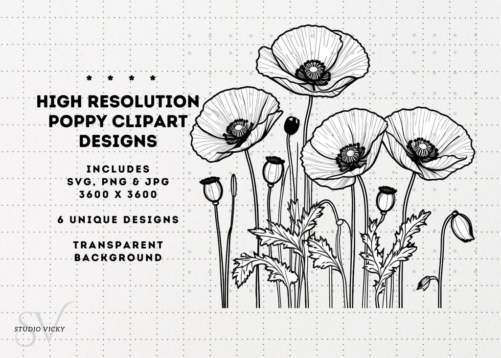 Poppy Flower Clipart: Black and White Floral Designs (SVG, PNG, JPG)