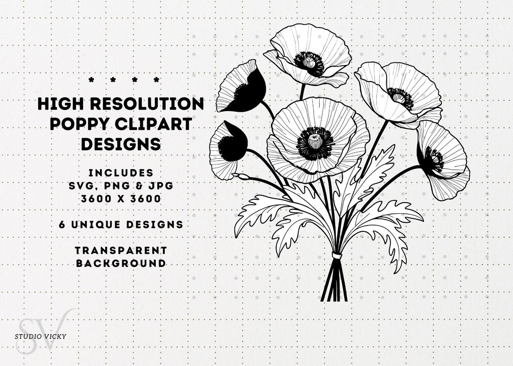Poppy Flower Clipart: Black and White Floral Designs (SVG, PNG, JPG)