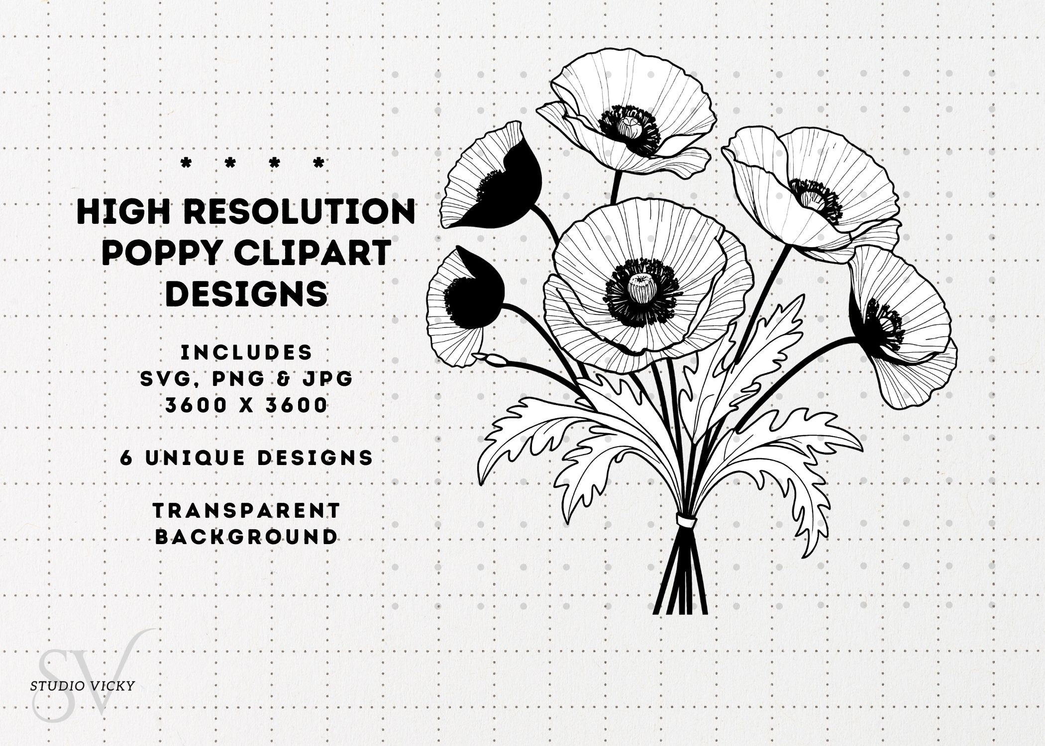Poppy Flower Clipart: Black and White Floral Designs (SVG, PNG, JPG)