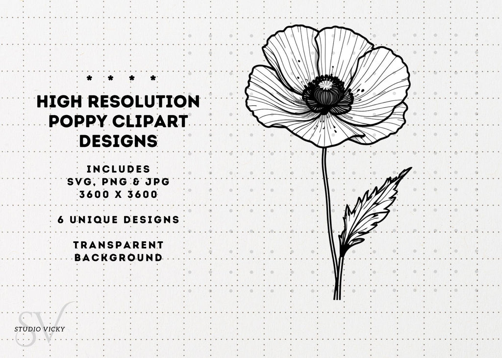 Poppy Flower Clipart: Black and White Floral Designs (SVG, PNG, JPG)