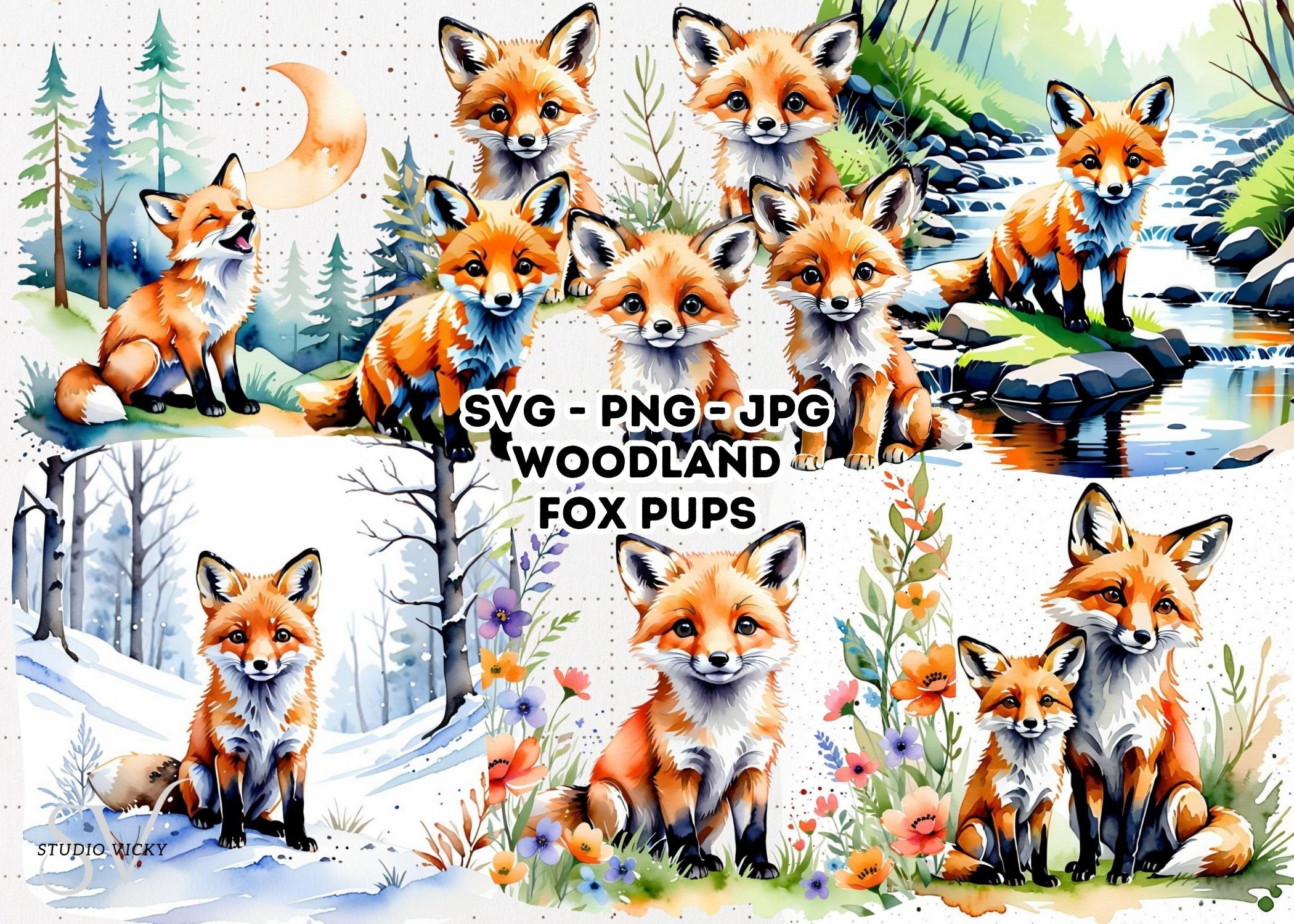 Watercolor Baby Fox Clipart, Woodland Animals (PNG & JPG)