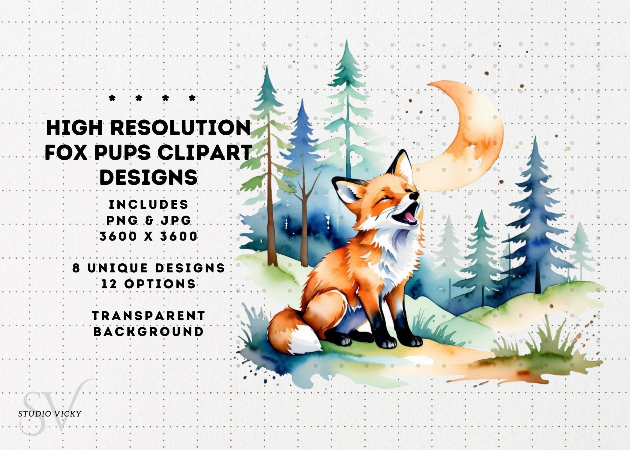 Watercolor Baby Fox Clipart, Woodland Animals (PNG & JPG)