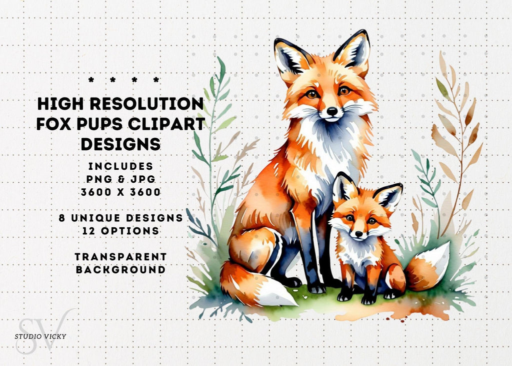 Watercolor Baby Fox Clipart, Woodland Animals (PNG & JPG)