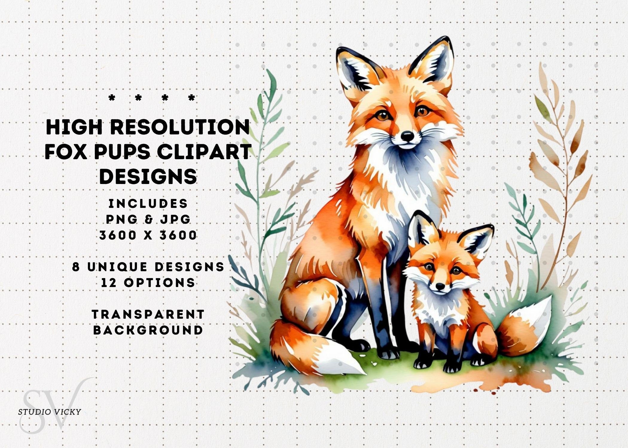 Watercolor Baby Fox Clipart, Woodland Animals (PNG & JPG)