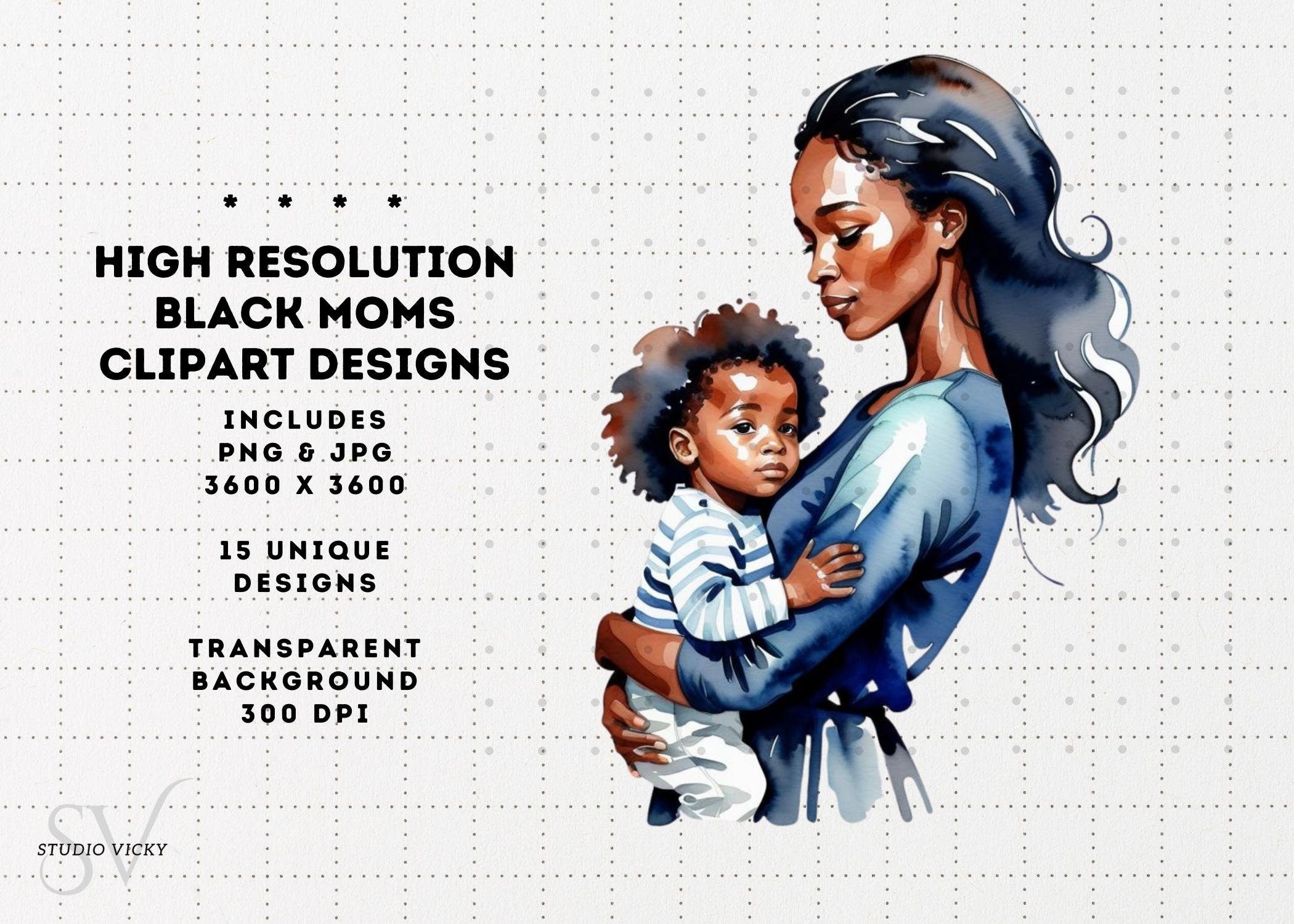 Black Mother's Day Watercolor Clipart: African American Mothers (Digital Download)