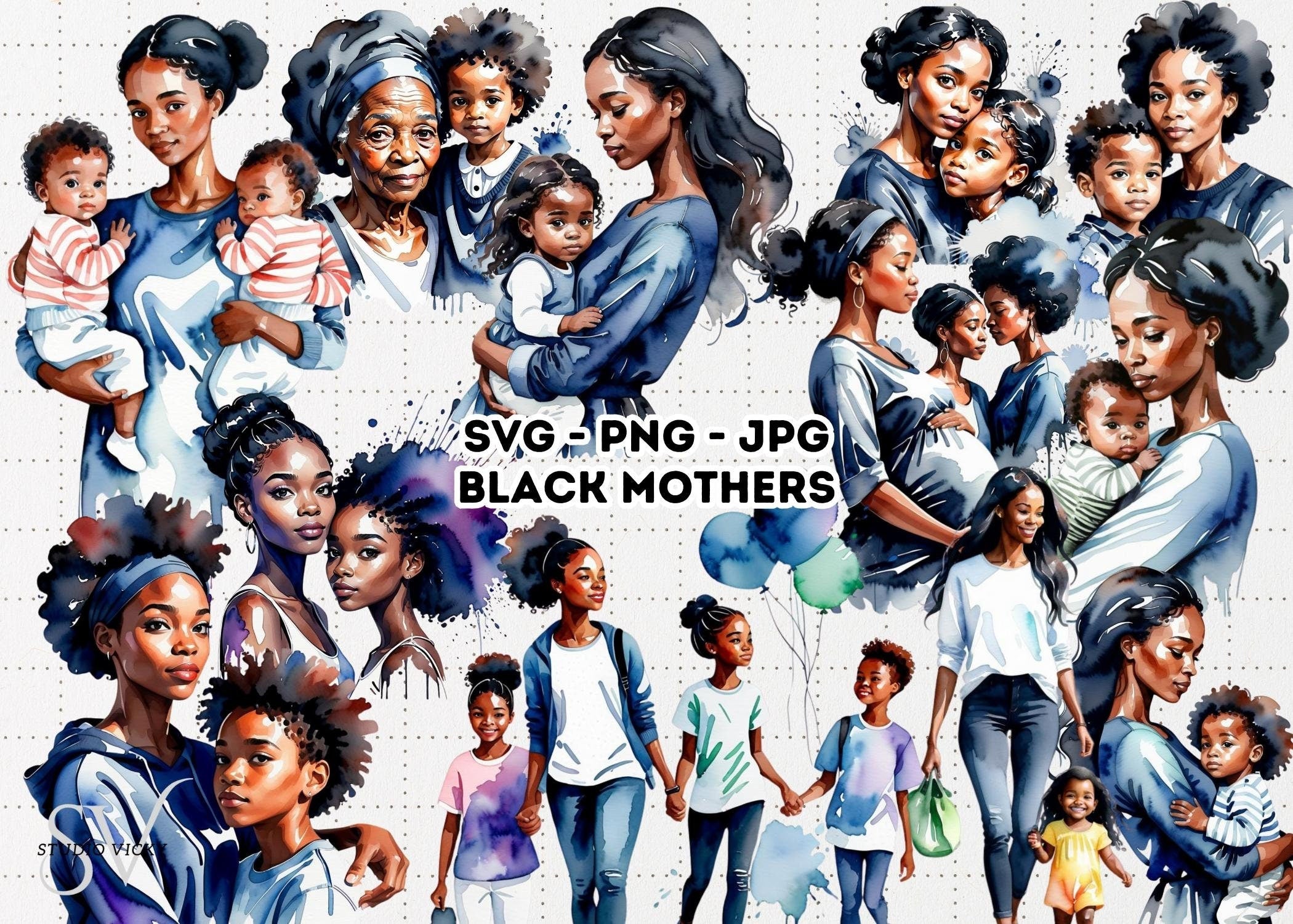 Black Mother's Day Watercolor Clipart: African American Mothers (Digital Download)