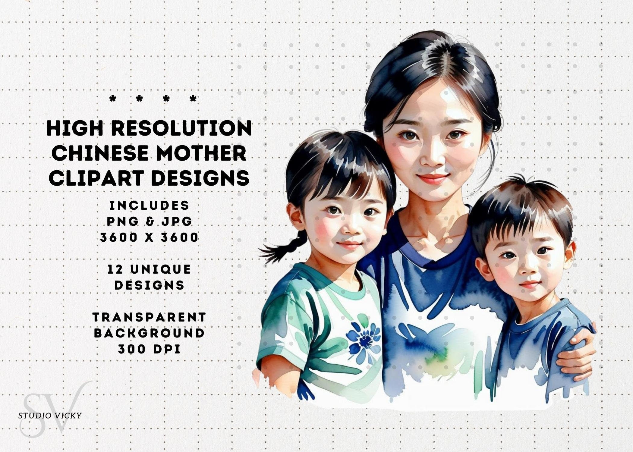 Chinese Mother's Day Watercolor Clipart: Mom and Child PNG (Digital Download)