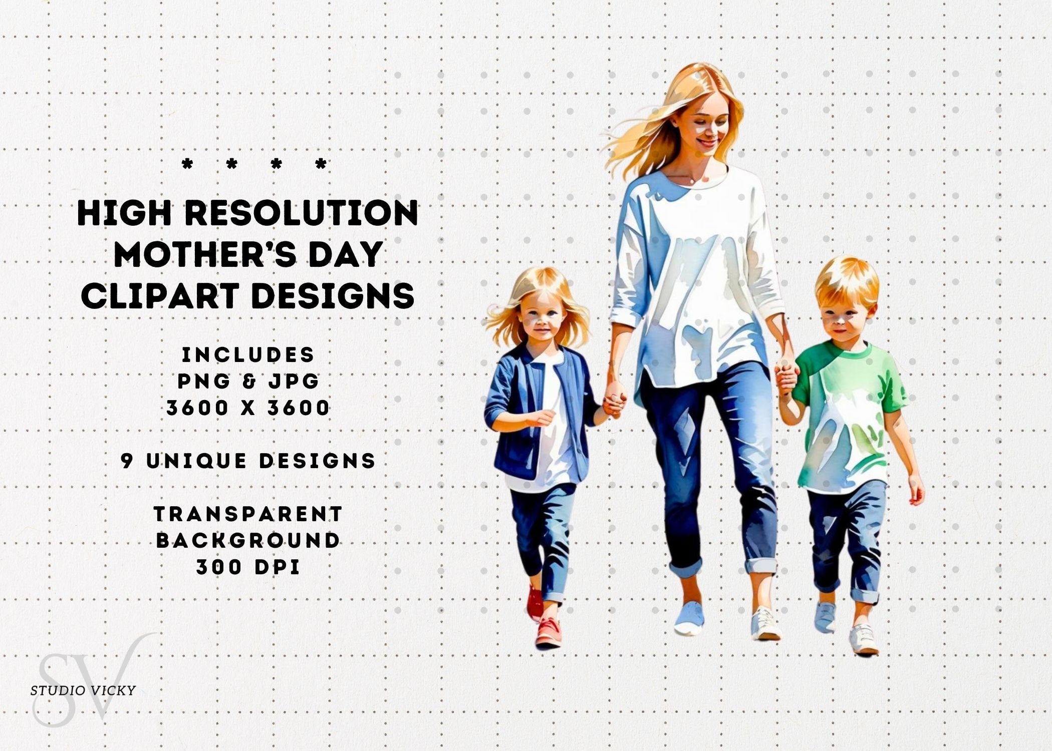 Watercolor Mother's Day Clipart: Blonde Moms (PNG & JPG)
