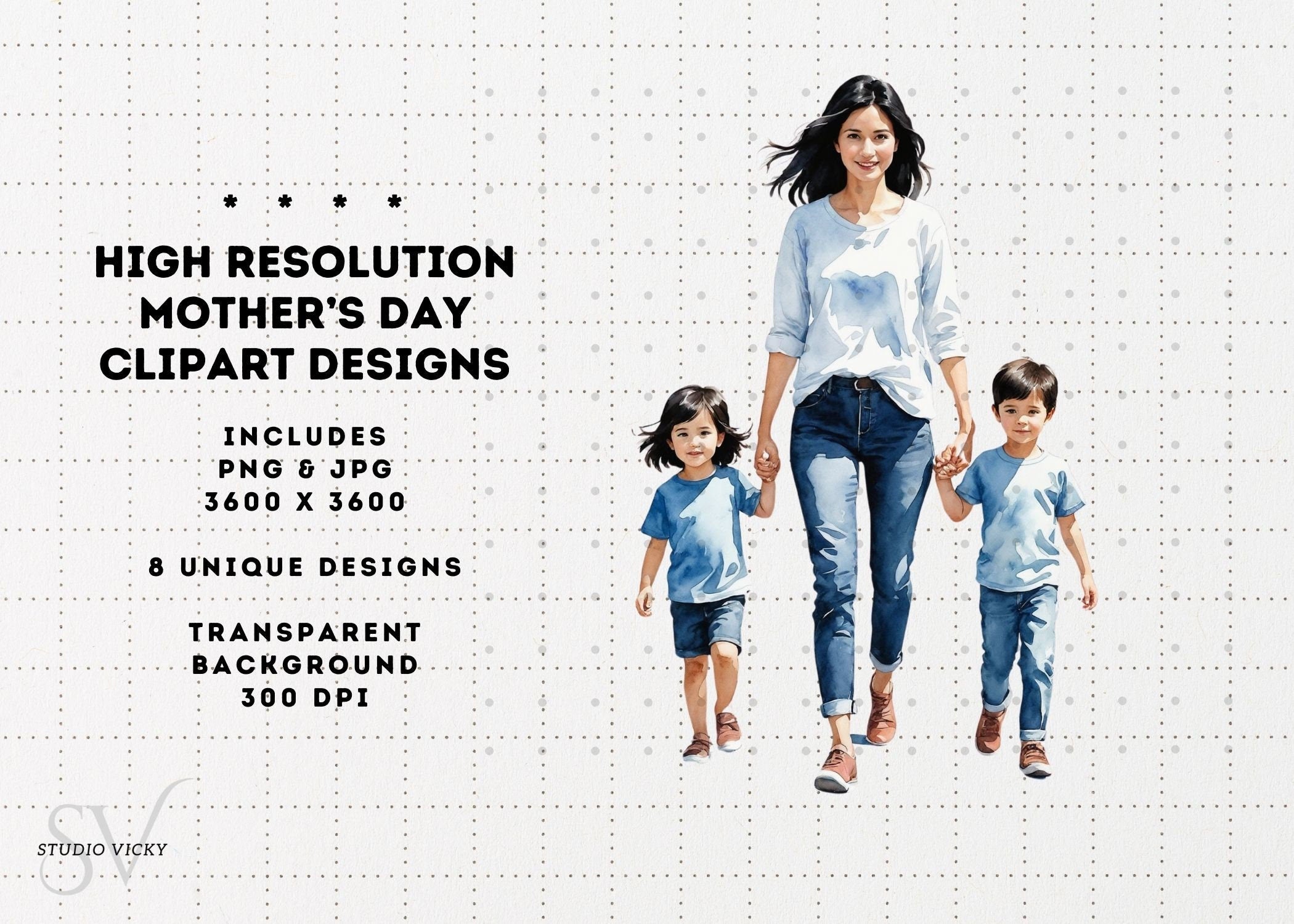 Watercolor Mother's Day Clipart: Black Hair PNG JPG (Digital Download)
