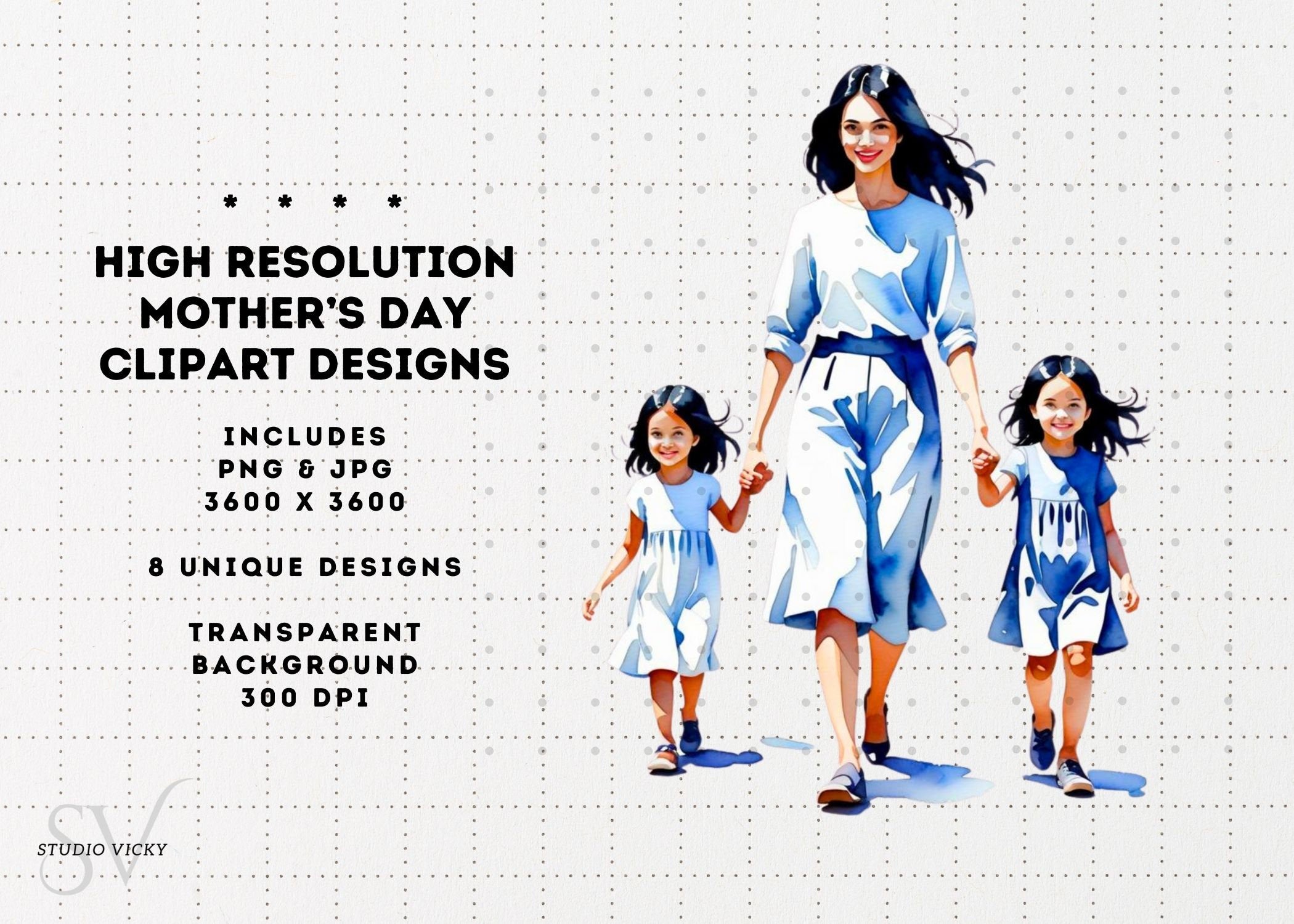 Watercolor Mother's Day Clipart: Black Hair PNG JPG (Digital Download)