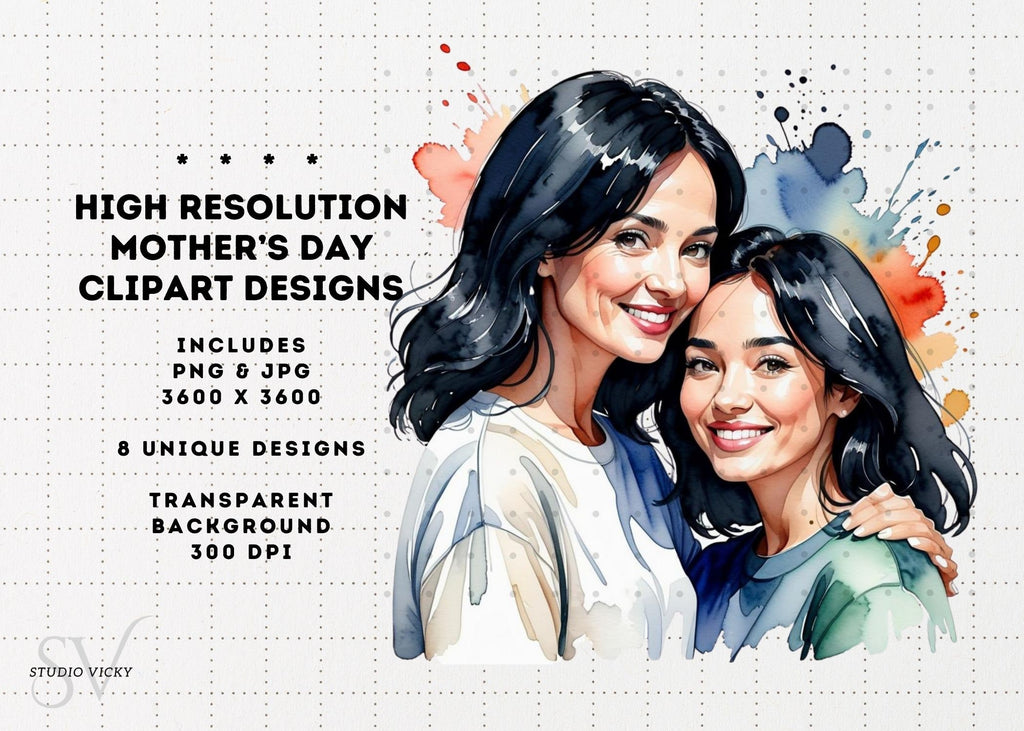 Watercolor Mother's Day Clipart: Black Hair PNG JPG (Digital Download)