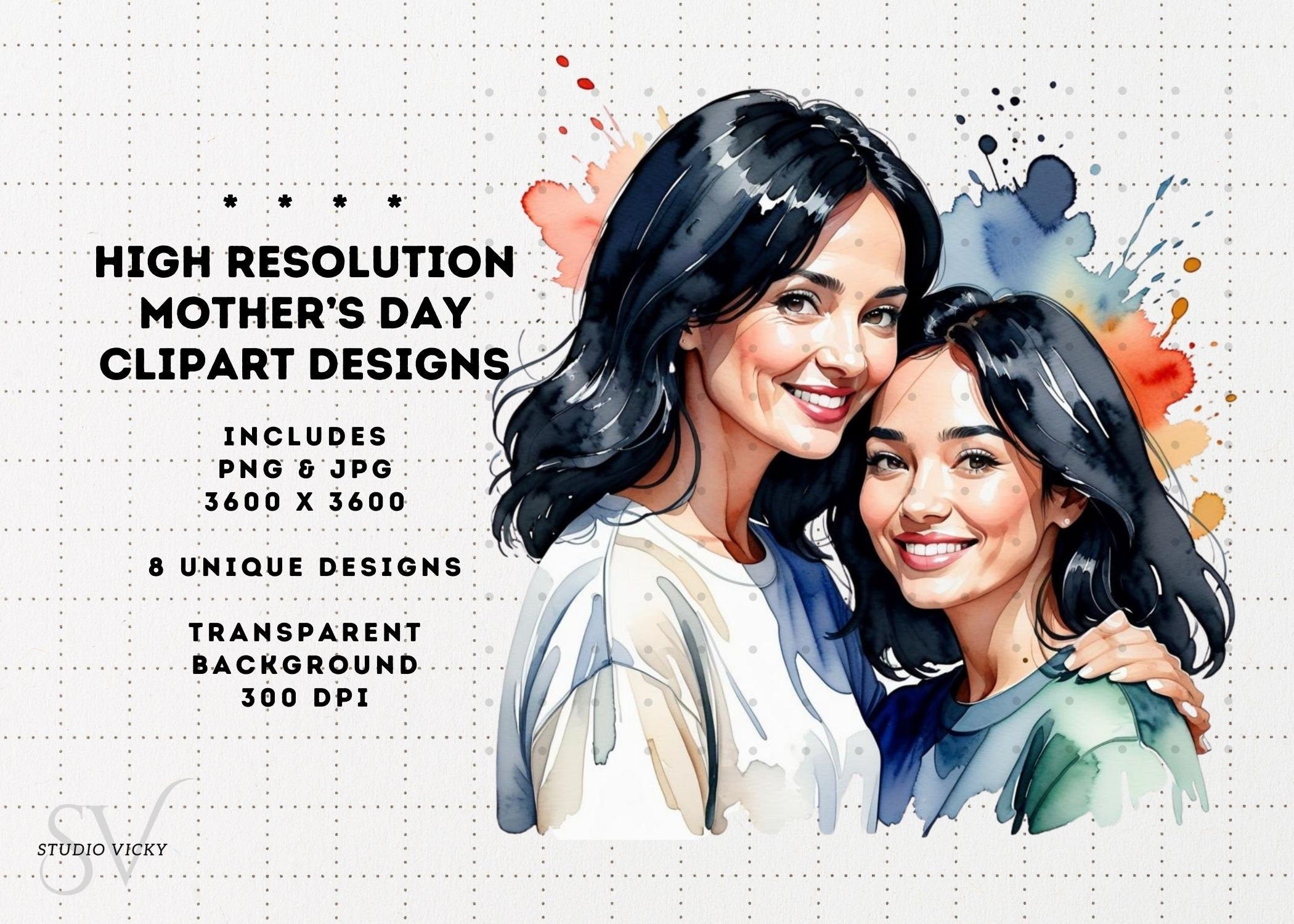 Watercolor Mother's Day Clipart: Black Hair PNG JPG (Digital Download)