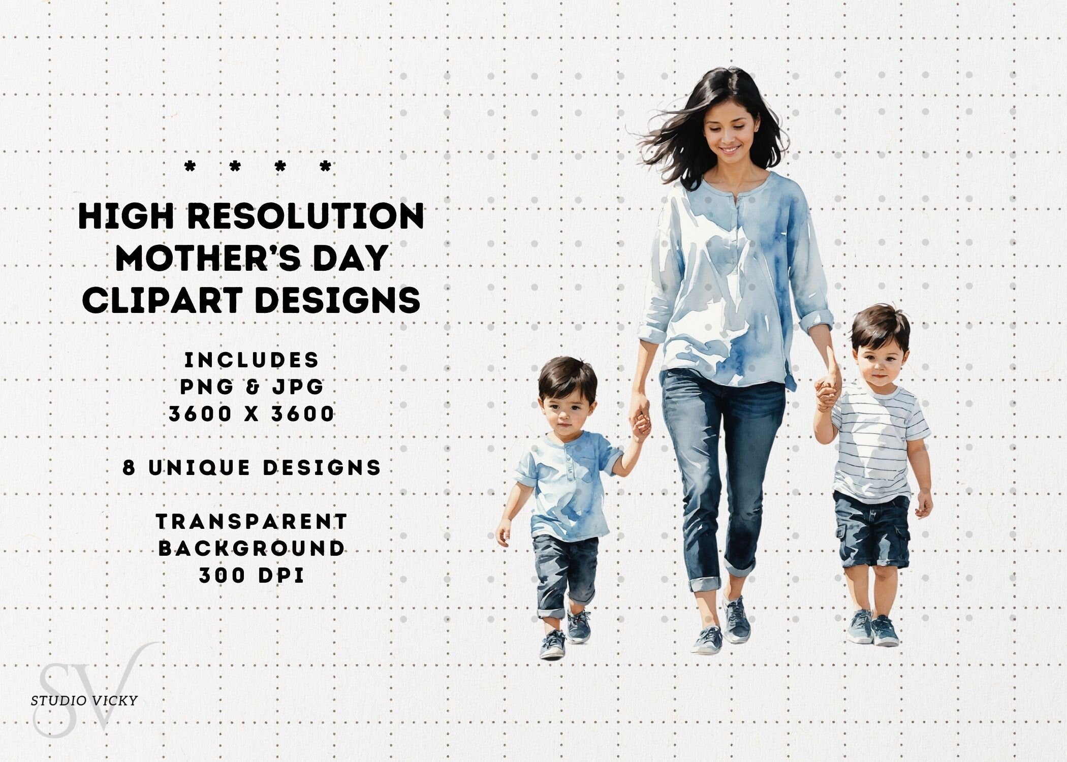 Watercolor Mother's Day Clipart: Black Hair PNG JPG (Digital Download)