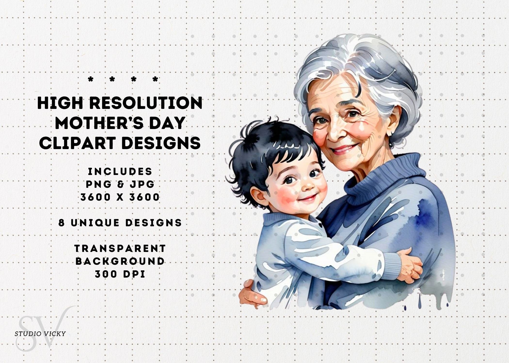 Watercolor Mother's Day Clipart: Black Hair PNG JPG (Digital Download)