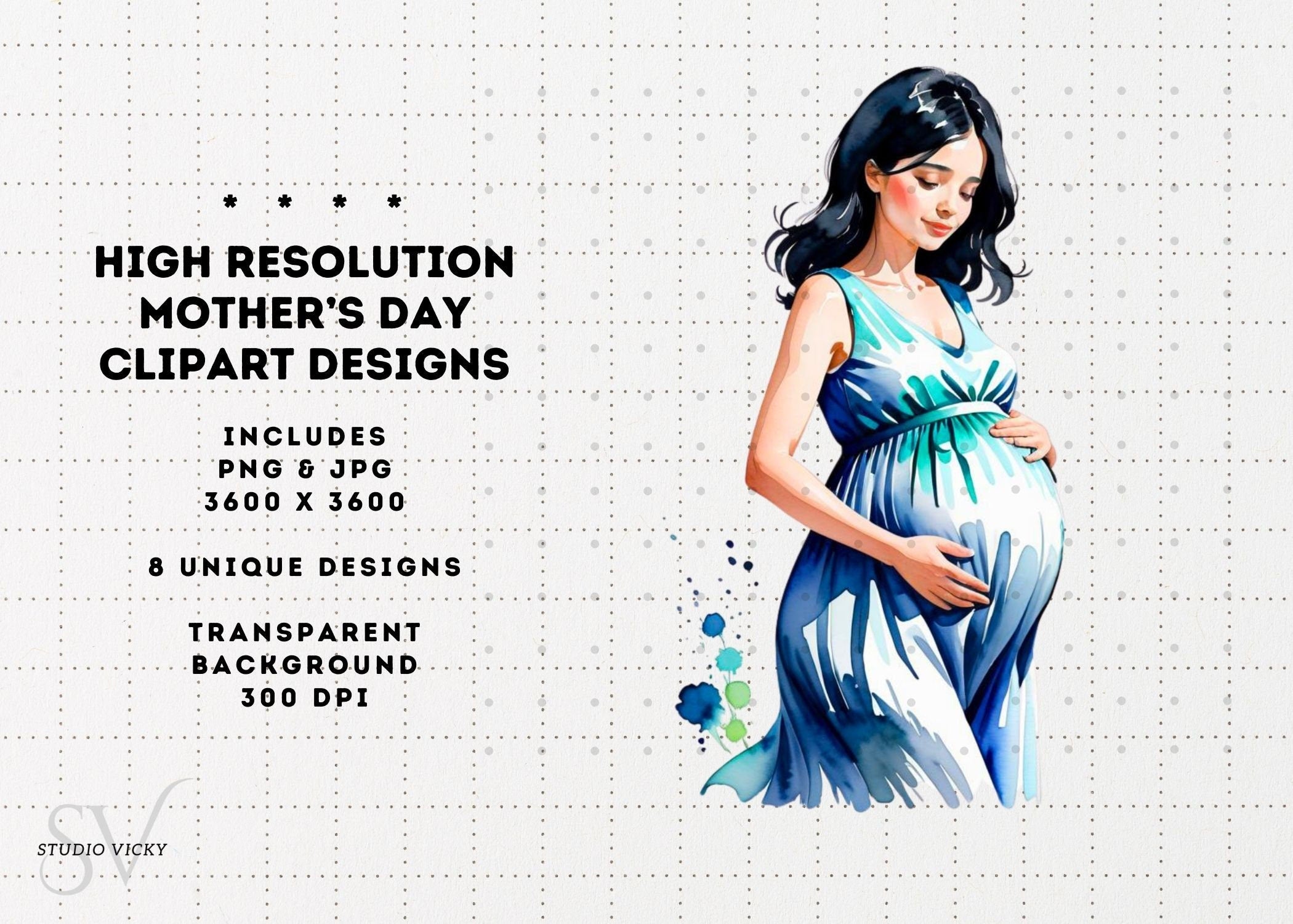 Watercolor Mother's Day Clipart: Black Hair PNG JPG (Digital Download)