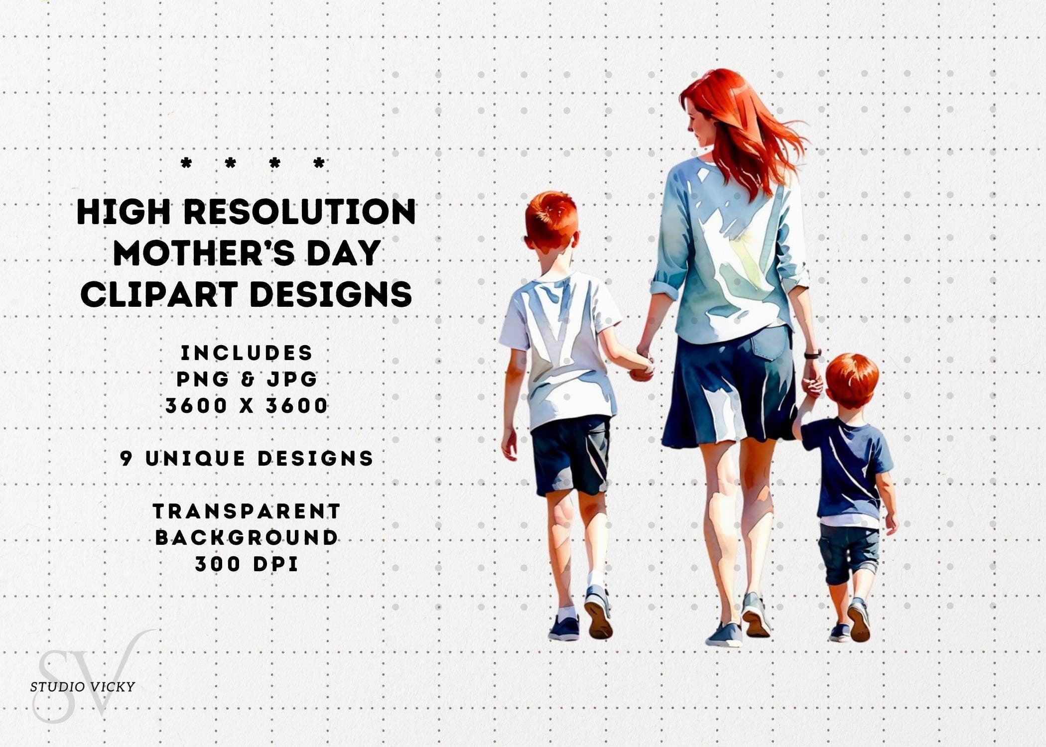 Watercolor Redhead Mother's Day Clipart Bundle (PNG & JPG)