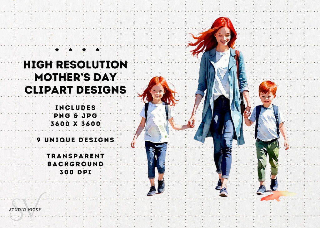 Watercolor Redhead Mother's Day Clipart Bundle (PNG & JPG)