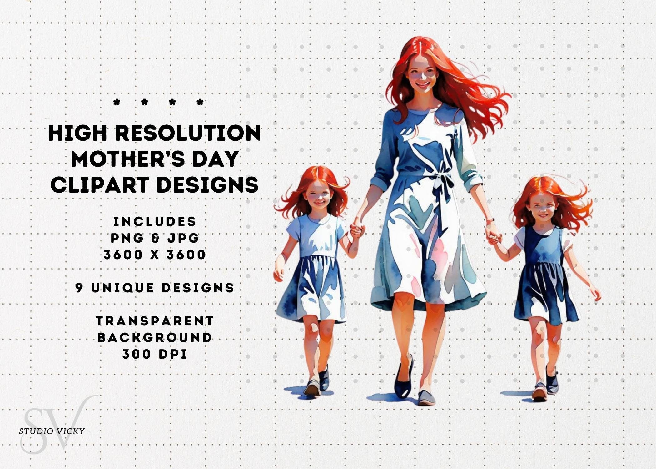 Watercolor Redhead Mother's Day Clipart Bundle (PNG & JPG)