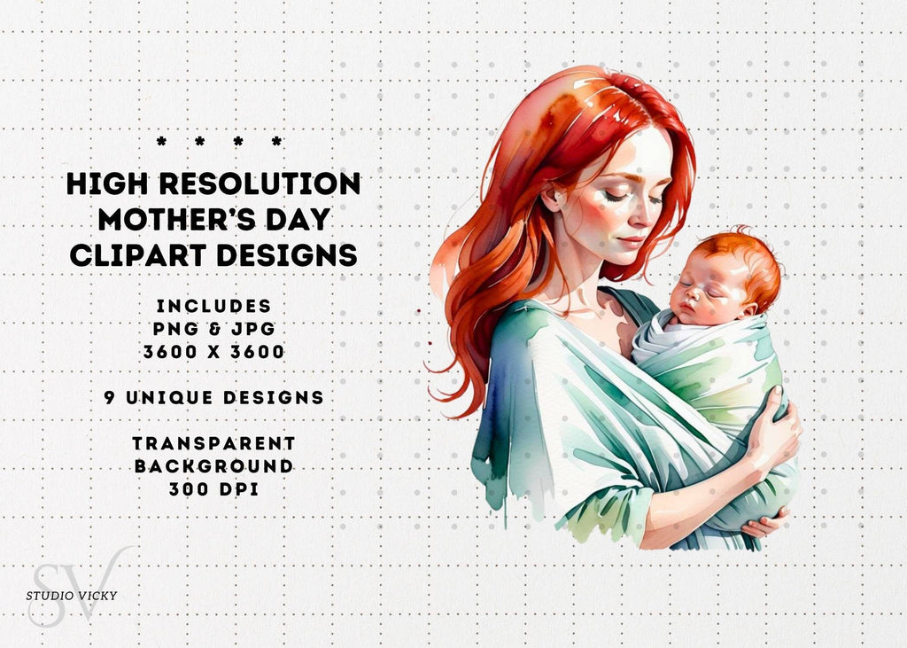 Watercolor Redhead Mother's Day Clipart Bundle (PNG & JPG)