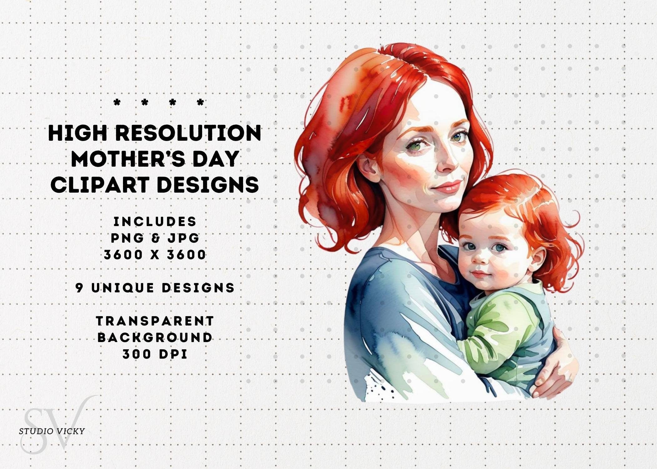 Watercolor Redhead Mother's Day Clipart Bundle (PNG & JPG)