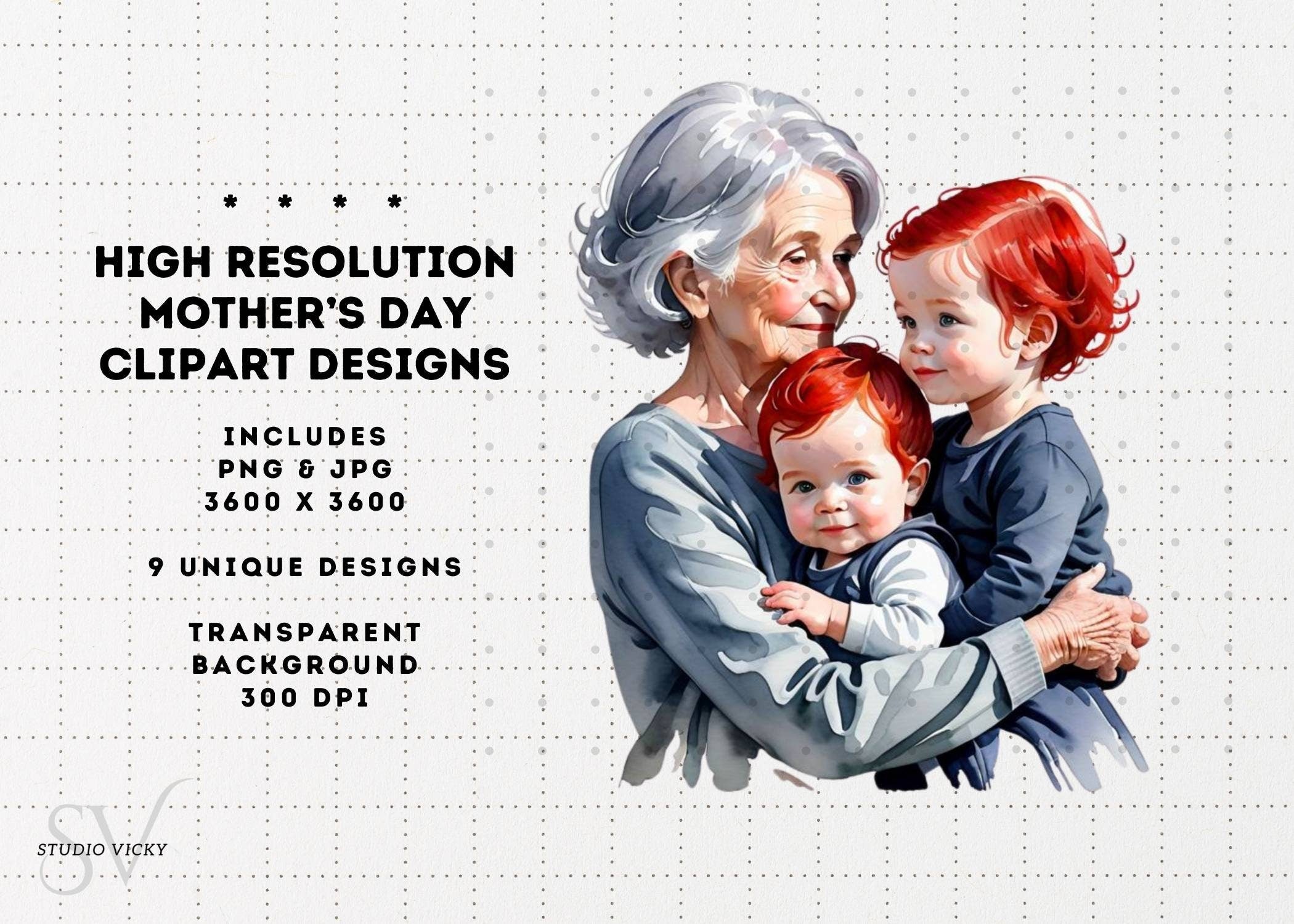 Watercolor Redhead Mother's Day Clipart Bundle (PNG & JPG)